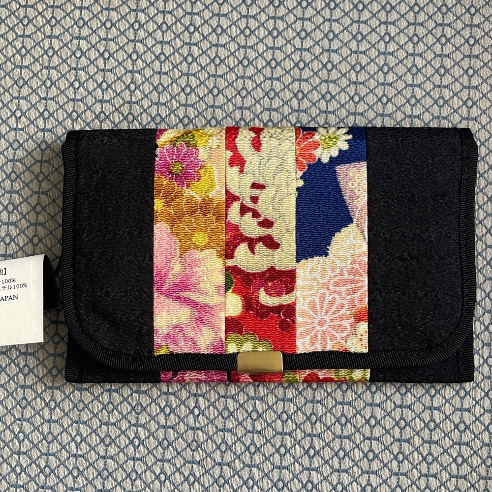 New Floral Japanese Patterned Black Fabric Clutch Wallet Made in Japan